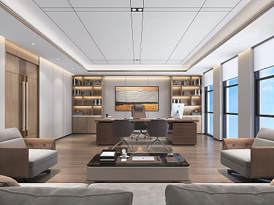 Modern Executive Office Interior With Large Desk Bookshelves Sofa And Floor to Ceiling Windows 3d model