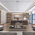 Modern Executive Office Interior With Large Desk Bookshelves Sofa And Floor to Ceiling Windows