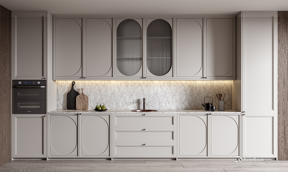 Modern Kitchen Interior With Light Gray Cabinets And Marble Backsplash 3d model 