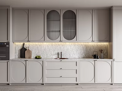Modern Kitchen Interior With Light Gray Cabinets And Marble Backsplash 3d model