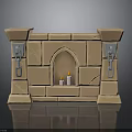 Decorative Stone Brick Fireplace With Arched Opening Two Candles And Metal Hinges