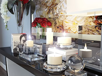 Elegant Decorative Ornament Set With Candles Transparent Bases Vase Books And Mirror Background 3d model