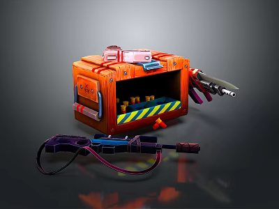 Vibrant Orange Wooden Crate With Assorted Weapons Blaster Gun And Tools 3d model