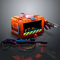 Vibrant Orange Wooden Crate With Assorted Weapons Blaster Gun And Tools