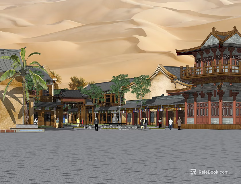 Traditional Ancient Chinese Architecture In Desert With Palm Trees Plaza And People 3d model 