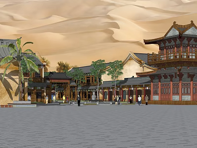 Traditional Ancient Chinese Architecture In Desert With Palm Trees Plaza And People 3d model
