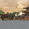 Traditional Ancient Chinese Architecture In Desert With Palm Trees Plaza And People