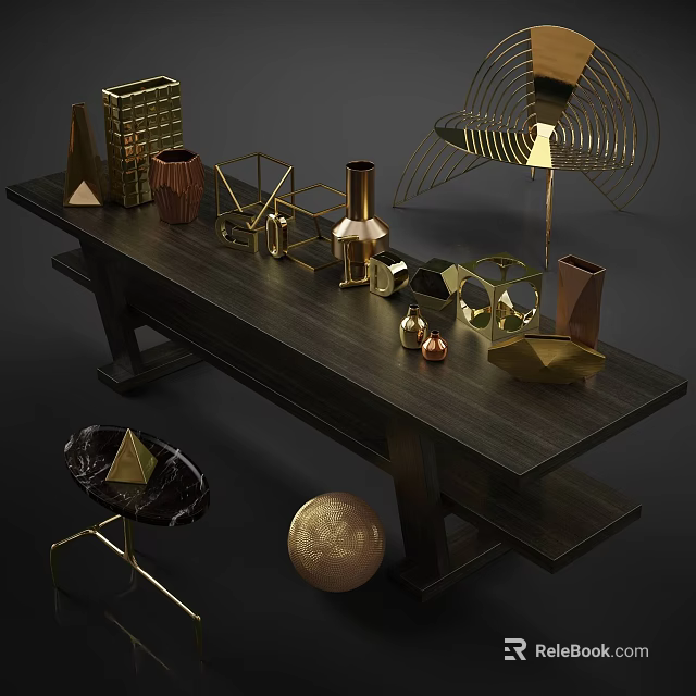 Elegant Modern Decorative Ornament Set With Geometric Metallic Vases Sculptures And Spheres On Wooden Table 3d model 