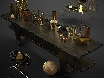 Elegant Modern Decorative Ornament Set With Geometric Metallic Vases Sculptures And Spheres On Wooden Table 3d model