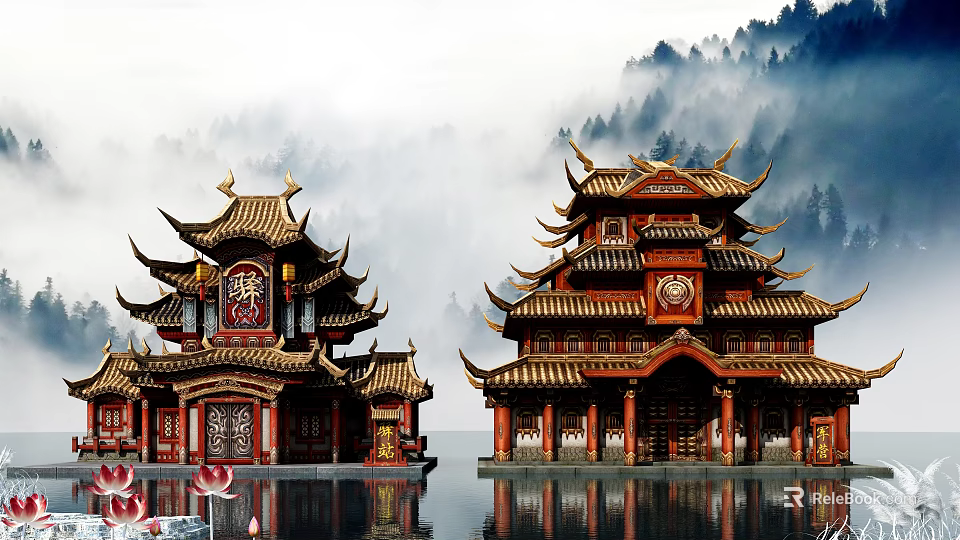 Ancient Chinese Post House With Traditional Eaves Roof Golden Decorations And Misty Mountain Water View 3d model 