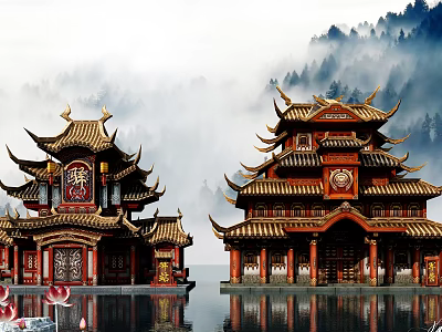 Ancient Chinese Post House With Traditional Eaves Roof Golden Decorations And Misty Mountain Water View 3d model