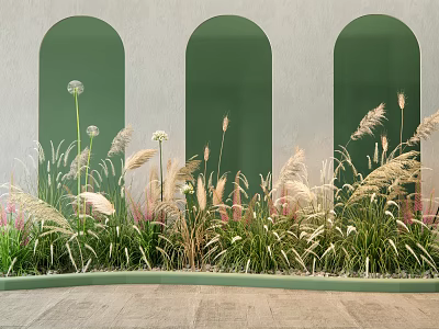 Decorative Flowers and Plants in Front of Three Green Arched Doorways with Background Wall 3d model