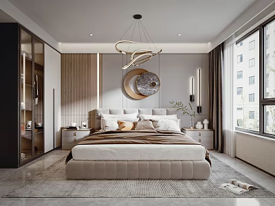Modern Bedroom Interior Design With Plush Bed Round Decorative Art And Floor to Ceiling Windows 3d model