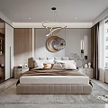 Modern Bedroom Interior Design With Plush Bed Round Decorative Art And Floor to Ceiling Windows