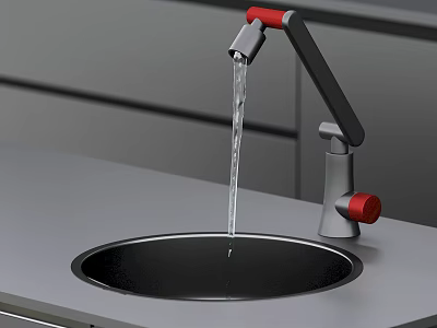 Modern Faucet With Red Accents And Water Flowing Into Black Sink On Gray Countertop 3d model