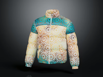 Trendy Puffer Jacket With Blue Yellow Beige Intricate Geometric Print Stand Collar Design 3d model