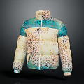 Trendy Puffer Jacket With Blue Yellow Beige Intricate Geometric Print Stand Collar Design