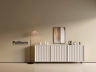 Modern White Entryway Console Cabinet With Vertical Slats Floor Lamp Wall Art And Decorative Accessories 3d model