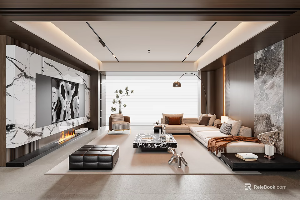 Modern Living Room Interior Design With Marble Walls TV Sofa And Plants 3d model 