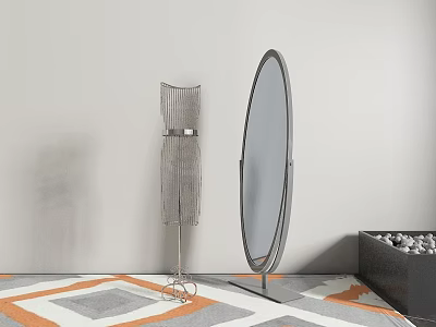 Oval Standing Mirror With Metal Frame And Decorative Accent On Patterned Rug 3d model