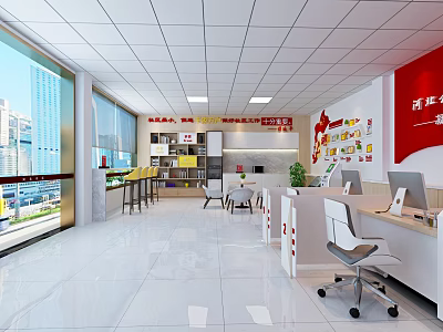 North China Service Hall Interior With Desks Chairs Display Shelves And Map 3d model