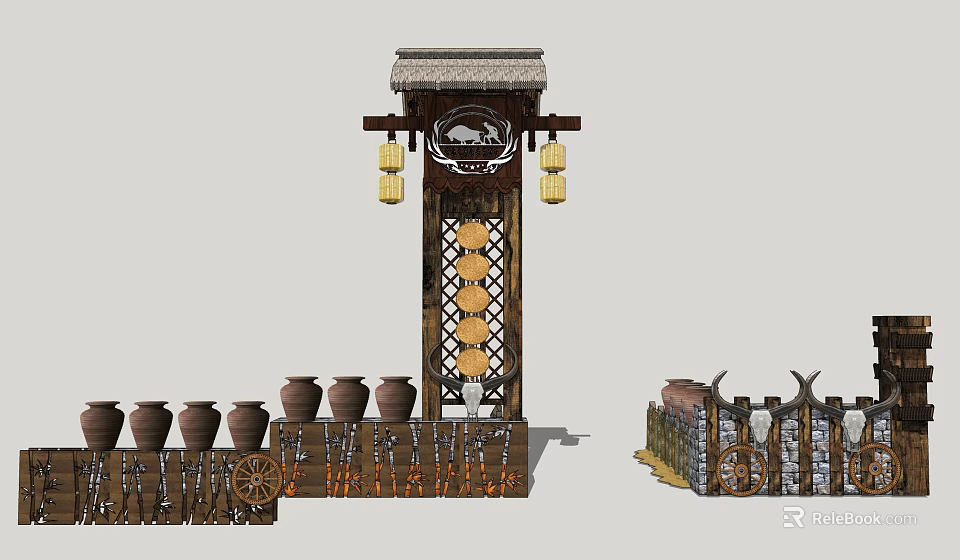Traditional Entrance Gate With Wooden Structure Lanterns And Decorative Design Elements 3d model