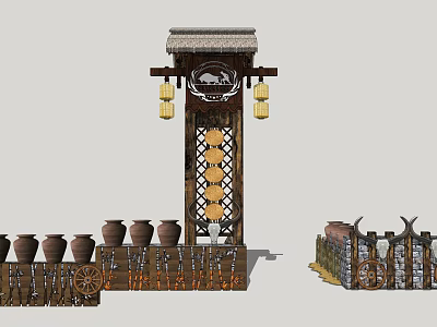 Traditional Entrance Gate With Wooden Structure Lanterns And Decorative Design Elements 3d model