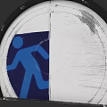 Blue Human Figure On Circular Emergency Exit Sign With Metal Frame