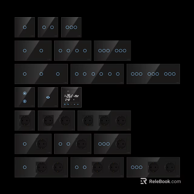 Modern Black Switch Panels With Various Button Configurations And Socket Designs 3d model 