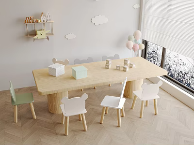 Cute Cartoon Children's Chairs With Wooden Table In Decorated Playroom 3d model