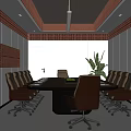 Modern Conference Room With Long Table Office Chairs Red Brick Wall And Green Plant