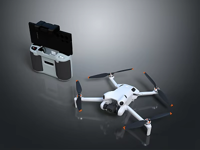 White Quadcopter Drone with Four Propellers and Black Gray Remote Controller with Display Screen 3d model