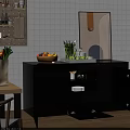 Modern Black Kitchen Sideboard With Fruit Bowl Green Plants And Purple Light Drawer