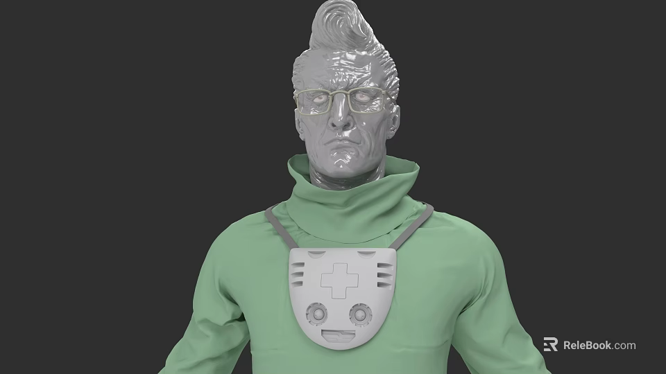 Man With Tall Spiky Hair Glasses Green Turtleneck And Chest Device 3d model 