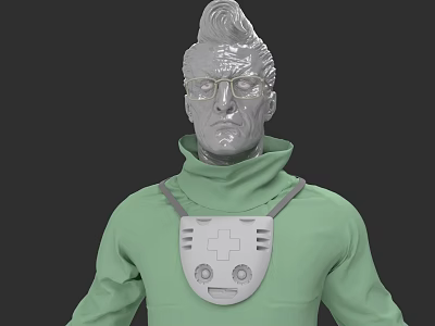 Man With Tall Spiky Hair Glasses Green Turtleneck And Chest Device 3d model