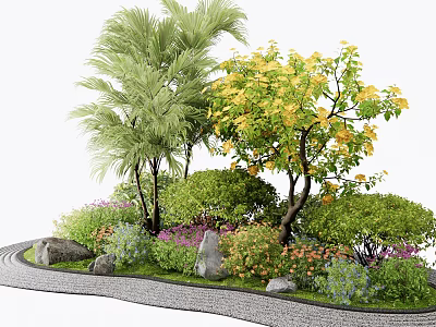 Lush Shrubs in Colorful Garden with Trees Stones Pathway and Flowering Plants 3d model