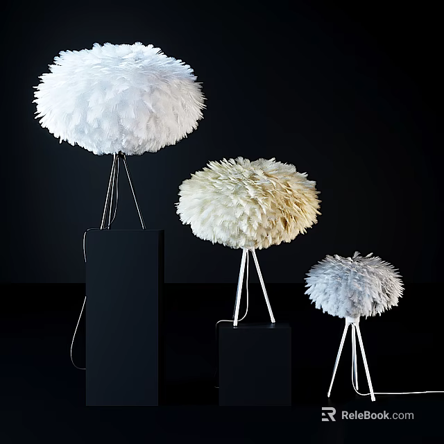 Elegant Feather Table Lamps with Spherical White Cream Light Blue Shades Black Bases and Metal Stands 3d model 