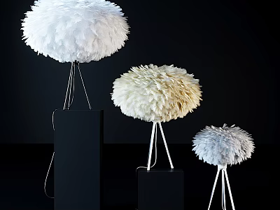 Elegant Feather Table Lamps with Spherical White Cream Light Blue Shades Black Bases and Metal Stands 3d model