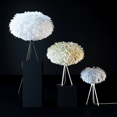Elegant Feather Table Lamps with Spherical White Cream Light Blue Shades Black Bases and Metal Stands 3d model