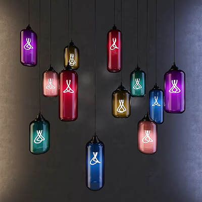 Colorful Bottle Shaped Glass Pendant Lights With Illuminated Artistic Design For Interior Decor 3d model