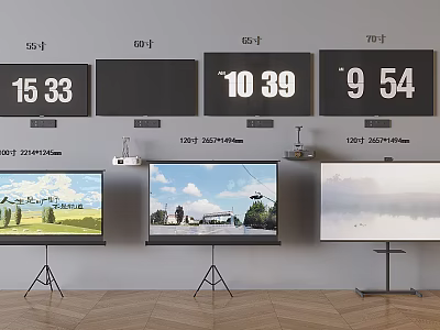 Different Size TVs Wall Mounted And Floor Stand Display Scenery 3d model