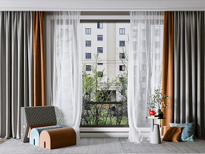 Elegant Curtains With Sheer White And Gray Orange Drapes By Window With Building View 3d model