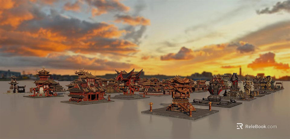Traditional Chinese Architecture With Elegant Curved Cornices And Historic Roofs On Water Surface Under Sunset 3d model 