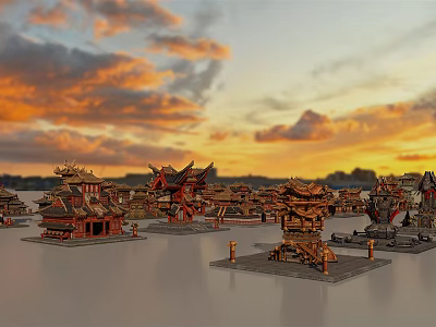 Traditional Chinese Architecture With Elegant Curved Cornices And Historic Roofs On Water Surface Under Sunset 3d model