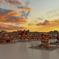 Traditional Chinese Architecture With Elegant Curved Cornices And Historic Roofs On Water Surface Under Sunset