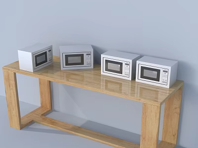 Four Microwave Ovens Placed On Wooden Table In Modern Kitchen Setup 3d model
