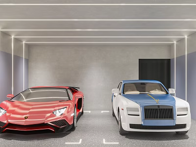 Modern Garage Interior Design With Red Sports Car And White Blue Sedan 3d model