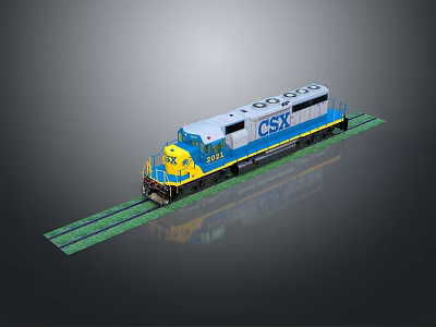 CSX Locomotive Train Featuring Blue White Yellow Colors On Green Tracks 3D Render 3d model