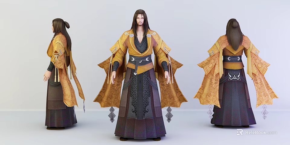 Ancient Costume Character With Yellow Robe Long Hair And Intricate Belt Design Three Angles View 3d model 