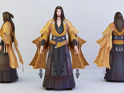 Ancient Costume Character With Yellow Robe Long Hair And Intricate Belt Design Three Angles View 3d model